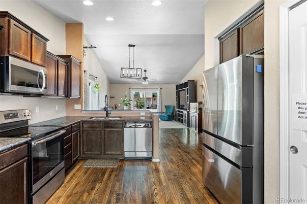 Interior, Kitchen, Pendant Lights, Recessed Lighting, Stainless Steel Appliances, Wood Texture Flooring