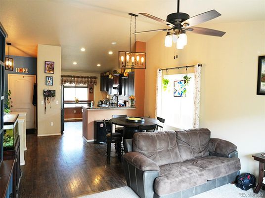 Dining room, Interior, Kitchen, Pendant Lights, Recessed Lighting, Wood Texture Flooring