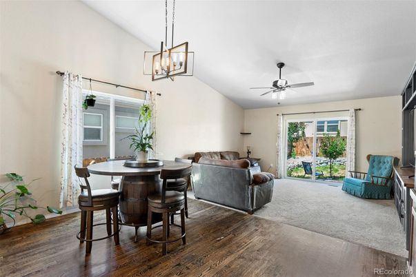 Dining room, Interior, Living room, Pendant Lights, Wood Texture Flooring