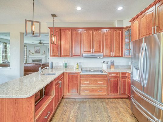 Fireplace, Interior, Kitchen, Pendant Lights, Recessed Lighting, Wood Texture Flooring