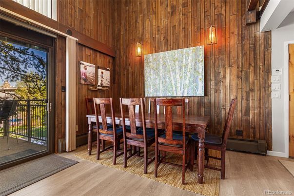 Dining room, Interior, Pendant Lights, Wood Texture Flooring, Wooden Walls
