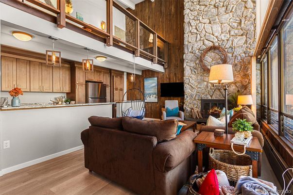 Fireplace, Interior, Kitchen, Living room, Stainless Steel Appliances, Stone Walls, Wood Texture Flooring