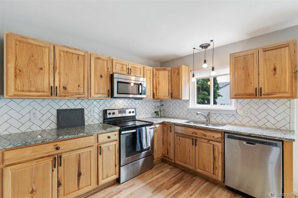 Interior, Kitchen, Pendant Lights, Stainless Steel Appliances, Wood Texture Flooring