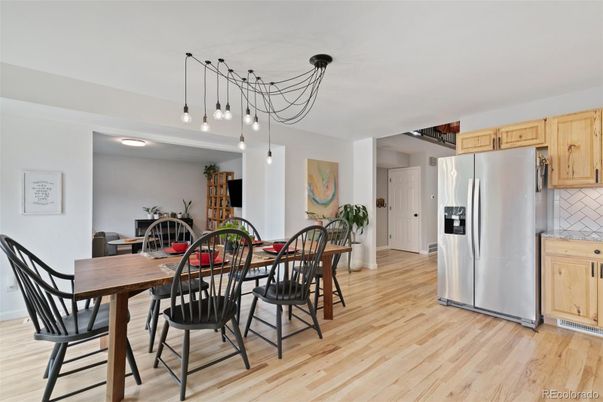 Dining room, Interior, Kitchen, Pendant Lights, Wood Texture Flooring