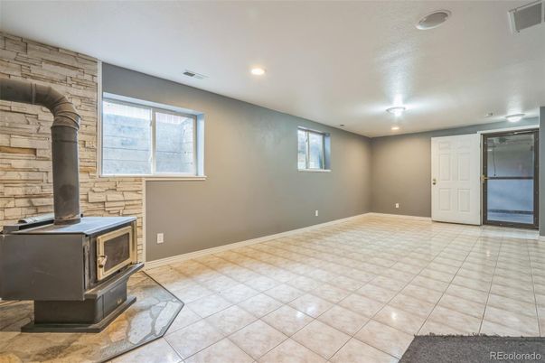 Empty room, Fireplace, Interior, Recessed Lighting, Stone Walls