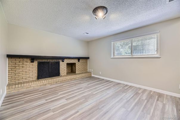 Empty room, Fireplace, Interior, Stone Walls, Wood Texture Flooring