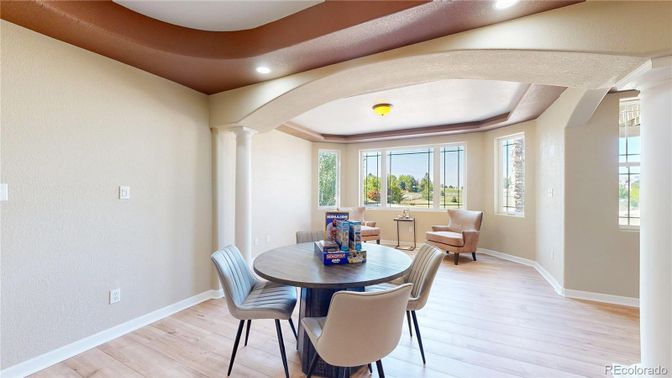 Dining room, Interior, Recessed Lighting, Wood Texture Flooring