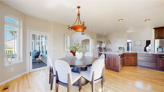 Dining room, Interior, Kitchen, Recessed Lighting, Wood Texture Flooring