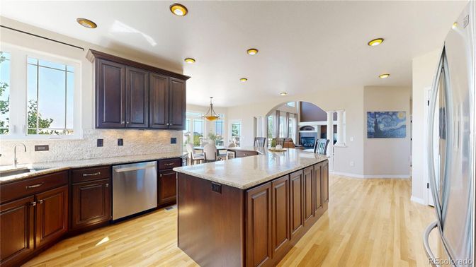 Dining room, Interior, Kitchen, Pendant Lights, Recessed Lighting, Stainless Steel Appliances, Wood Texture Flooring