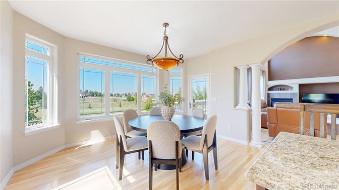 Dining room, Interior, Pendant Lights, Wood Texture Flooring