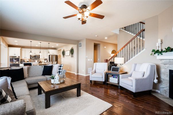 Fireplace, Interior, Kitchen, Living room, Pendant Lights, Recessed Lighting, Stainless Steel Appliances, Wood Texture Flooring