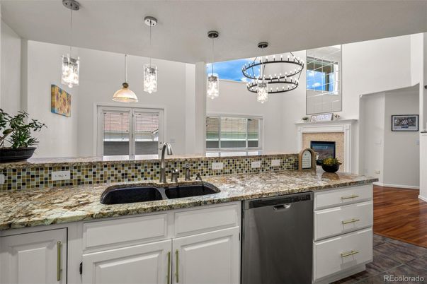 Fireplace, Interior, Kitchen, Pendant Lights, Wood Texture Flooring