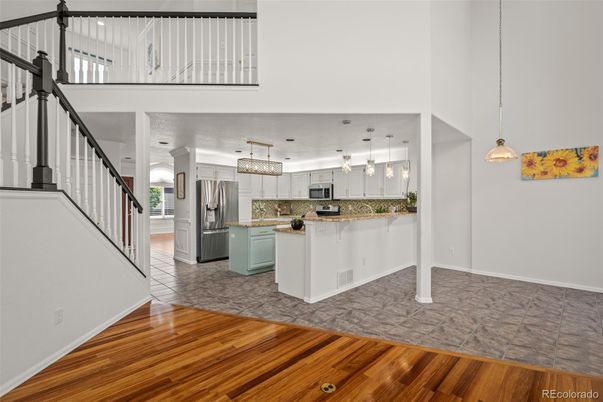 Interior, Kitchen, Pendant Lights, Stainless Steel Appliances, Wood Texture Flooring