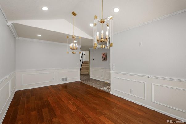 Chandelier, Empty room, Interior, Pendant Lights, Recessed Lighting, Wood Texture Flooring