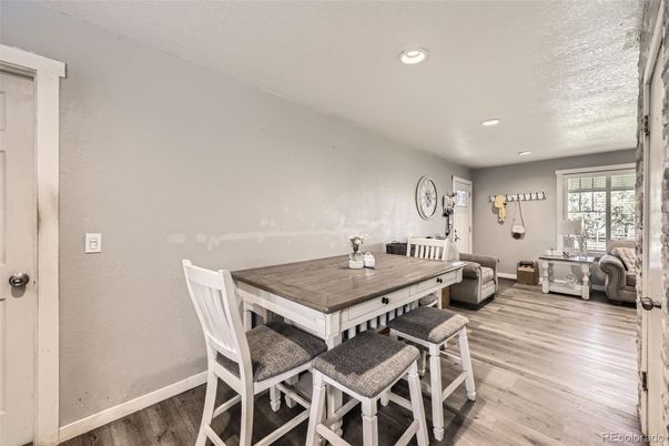 Dining room, Interior, Recessed Lighting, Wood Texture Flooring