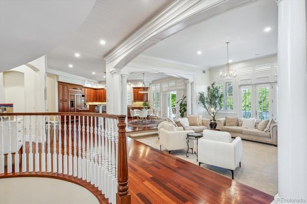 Chandelier, Dining room, Interior, Kitchen, Living room, Pendant Lights, Recessed Lighting, Wood Texture Flooring