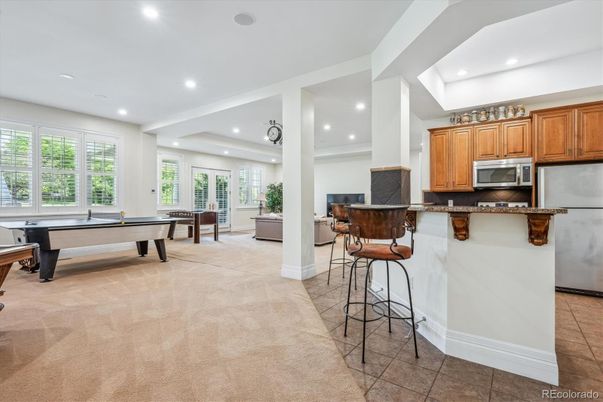 Billiard Table, Game Room, Interior, Kitchen, Recessed Lighting, Stainless Steel Appliances