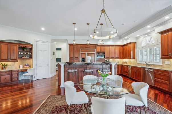 Dining room, Interior, Kitchen, Pendant Lights, Recessed Lighting, Stainless Steel Appliances, Wood Texture Flooring
