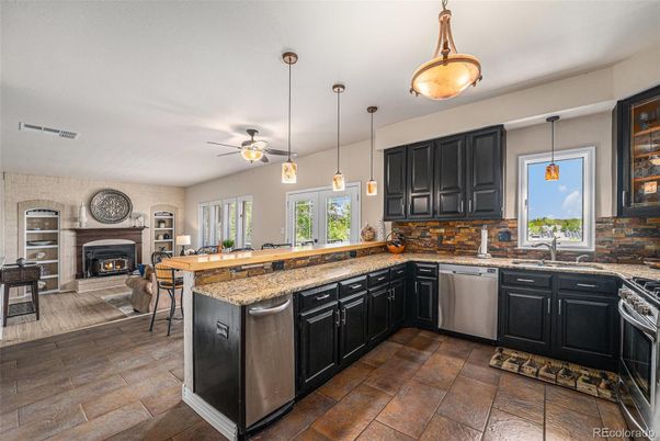 Fireplace, Interior, Kitchen, Pendant Lights