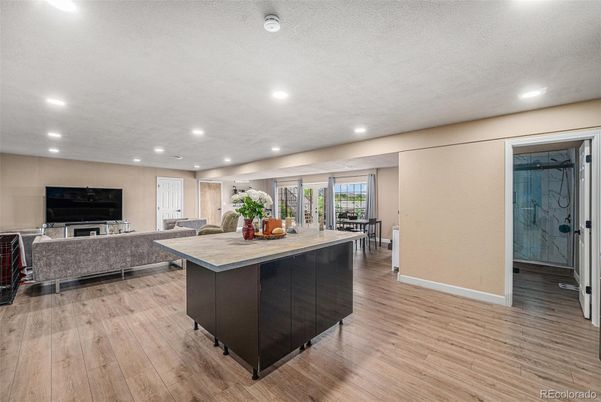 Interior, Kitchen, Living room, Recessed Lighting, Wood Texture Flooring