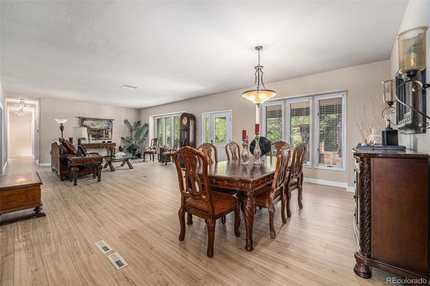 Dining room, Interior, Living room, Pendant Lights, Wood Texture Flooring