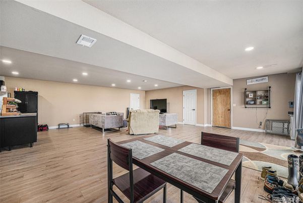 Dining room, Interior, Living room, Recessed Lighting, Wood Texture Flooring