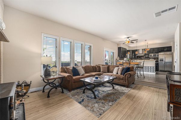 Dining room, Interior, Kitchen, Living room, Pendant Lights, Stainless Steel Appliances, Wood Texture Flooring