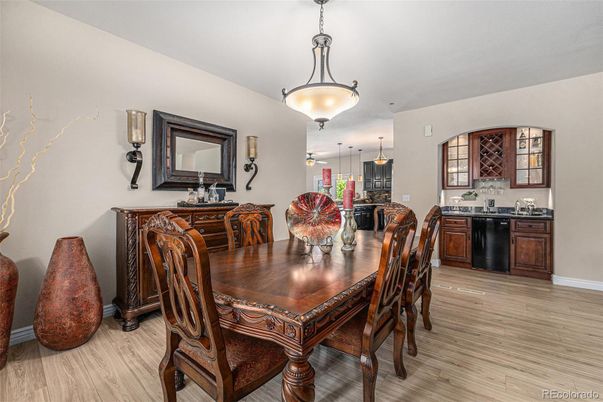 Dining room, Interior, Pendant Lights, Wood Texture Flooring