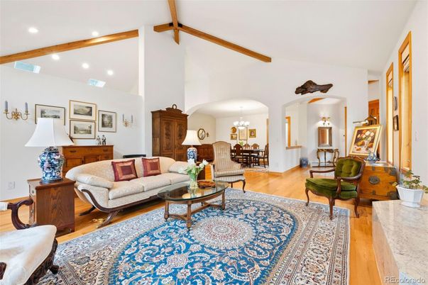 Chandelier, Dining room, Interior, Living room, Recessed Lighting, Wooden Beams, Wood Texture Flooring