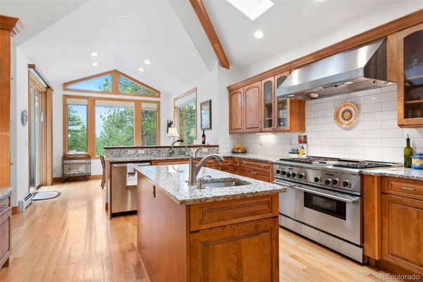 Interior, Kitchen, Recessed Lighting, Stainless Steel Appliances, Wooden Beams, Wood Texture Flooring