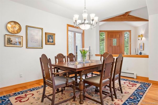 Chandelier, Dining room, Interior, Wooden Beams, Wood Texture Flooring