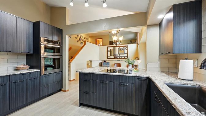 Chandelier, Interior, Kitchen, Recessed Lighting, Stainless Steel Appliances, Wood Texture Flooring