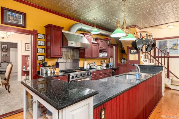 Chandelier, Interior, Kitchen, Pendant Lights, Stainless Steel Appliances, Wood Texture Flooring