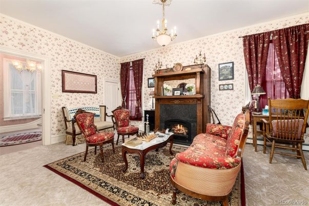 Chandelier, Dining room, Fireplace, Interior, Living room