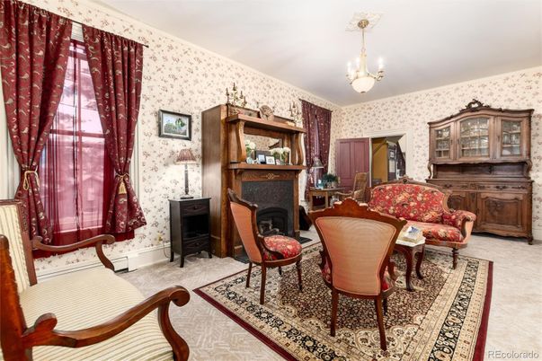 Chandelier, Dining room, Fireplace, Interior