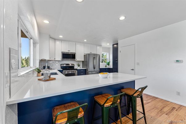 Interior, Kitchen, Recessed Lighting, Stainless Steel Appliances, Wood Texture Flooring