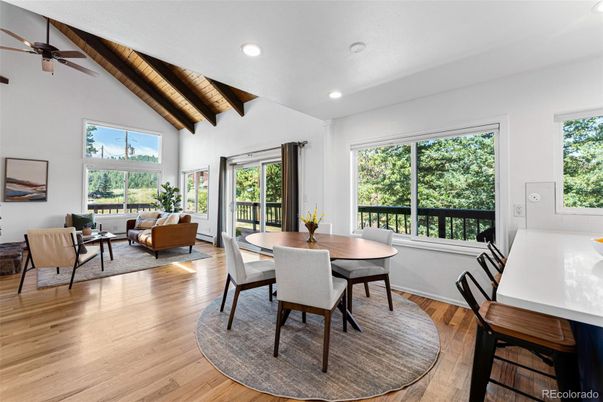 Dining room, Interior, Living room, Recessed Lighting, Wooden Beams, Wooden Ceilings, Wood Texture Flooring