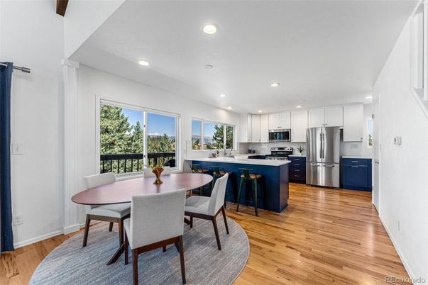 Dining room, Interior, Kitchen, Recessed Lighting, Stainless Steel Appliances, Wood Texture Flooring