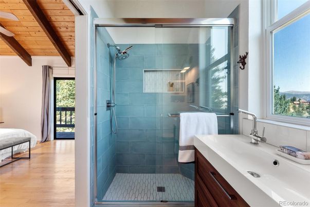Bathroom, Glass Shower, Interior, Wooden Beams, Wooden Ceilings, Wood Texture Flooring