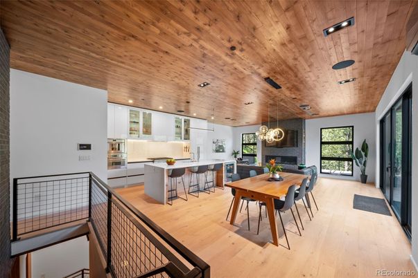 Dining room, Fireplace, Interior, Kitchen, Pendant Lights, Recessed Lighting, Wooden Ceilings, Wood Texture Flooring