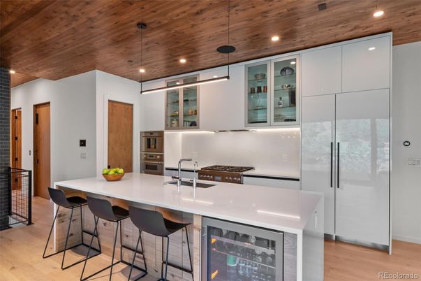 Interior, Kitchen, Pendant Lights, Recessed Lighting, Stainless Steel Appliances, Wooden Ceilings, Wood Texture Flooring