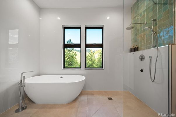 Bathroom, Free Standing Baths, Glass Shower, Interior, Recessed Lighting