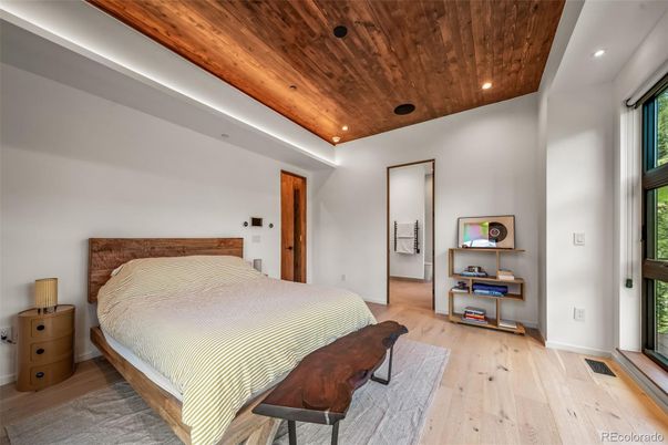 Bedroom, Interior, Recessed Lighting, Wooden Ceilings, Wood Texture Flooring