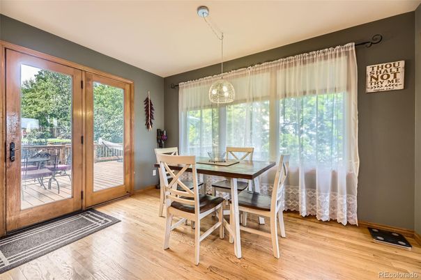Dining room, Interior, Pendant Lights, Wood Texture Flooring