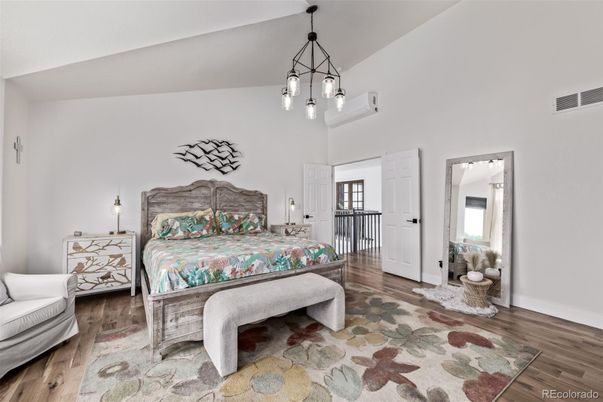 Bedroom, Interior, Pendant Lights, Wood Texture Flooring