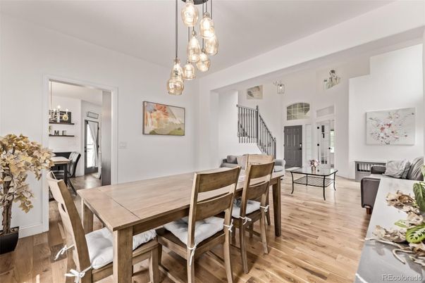 Dining room, Interior, Pendant Lights, Wood Texture Flooring