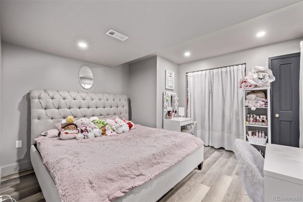 Bedroom, Interior, Recessed Lighting, Wood Texture Flooring