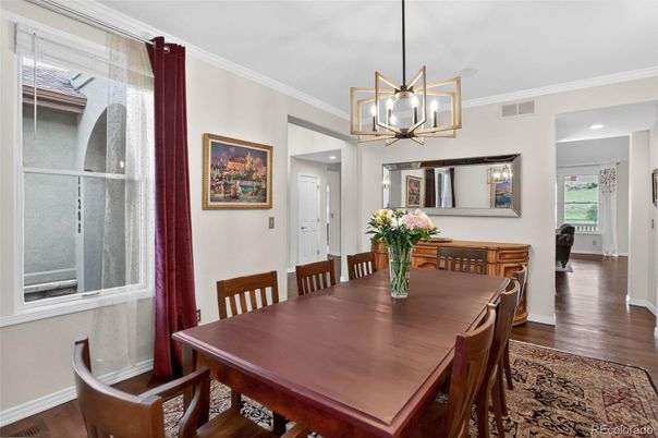 Dining room, Interior, Pendant Lights, Recessed Lighting, Wood Texture Flooring