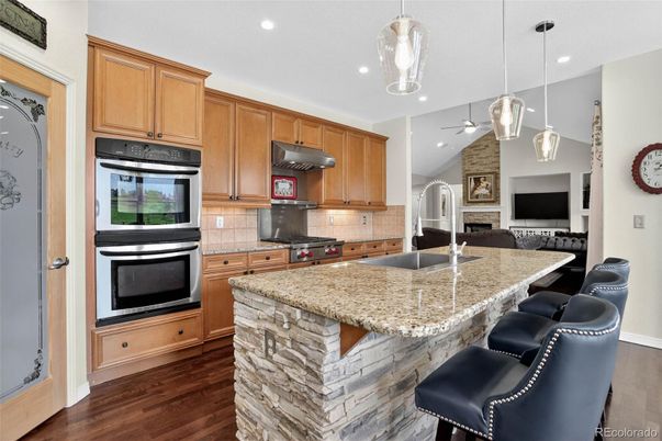 Fireplace, Interior, Kitchen, Pendant Lights, Recessed Lighting, Wood Texture Flooring