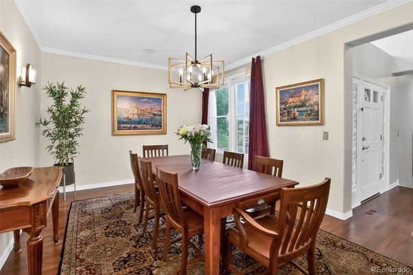 Dining room, Interior, Pendant Lights, Wood Texture Flooring